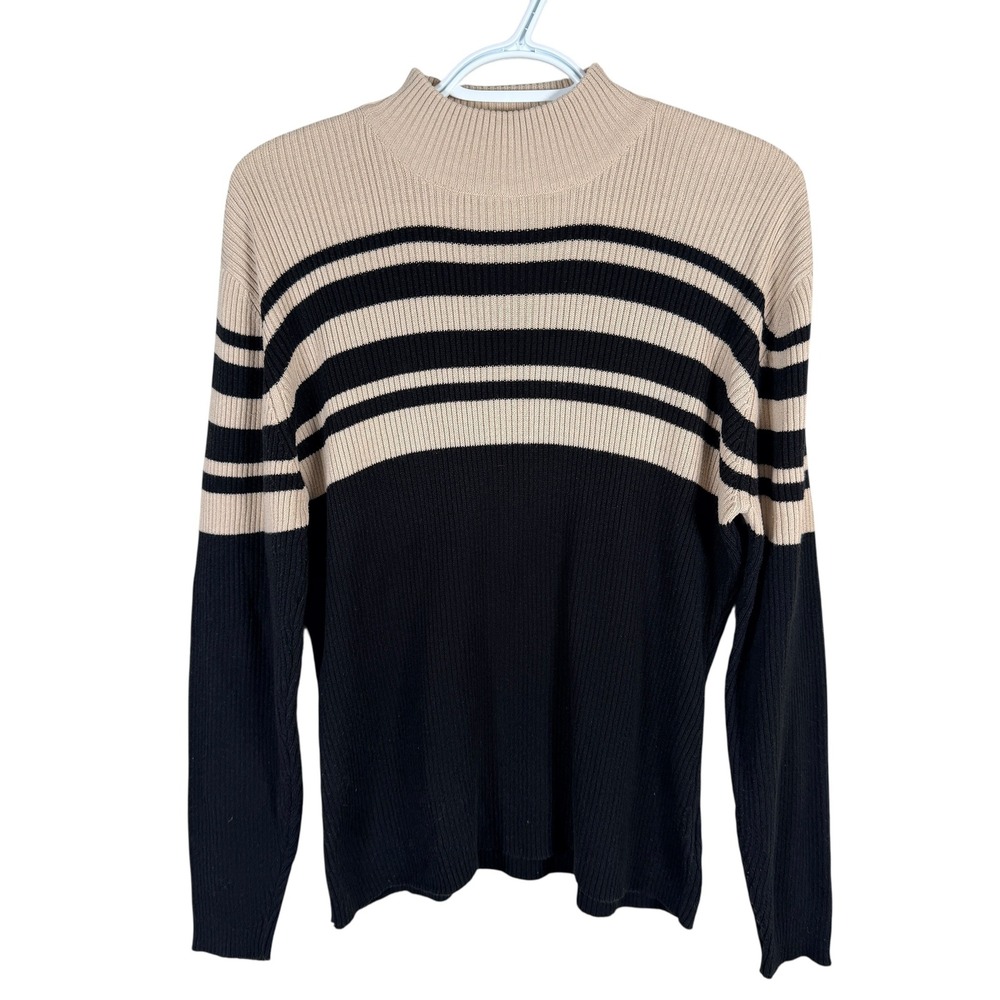 Yarnworks‎ Mock Neck Sweater Women Large L Beige Black Striped Ribbed Knit